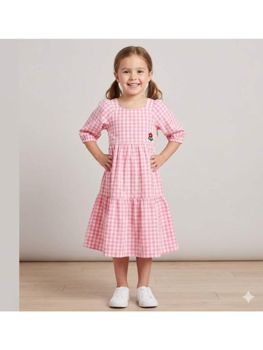 Pink Chicken 5Y Pink White Gingham Summer Dress with Floral Embroidery